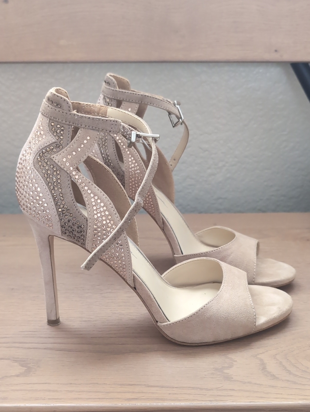 Jessica Simpson Nude Suede Ankle-Strap Heels with Crystal Detail